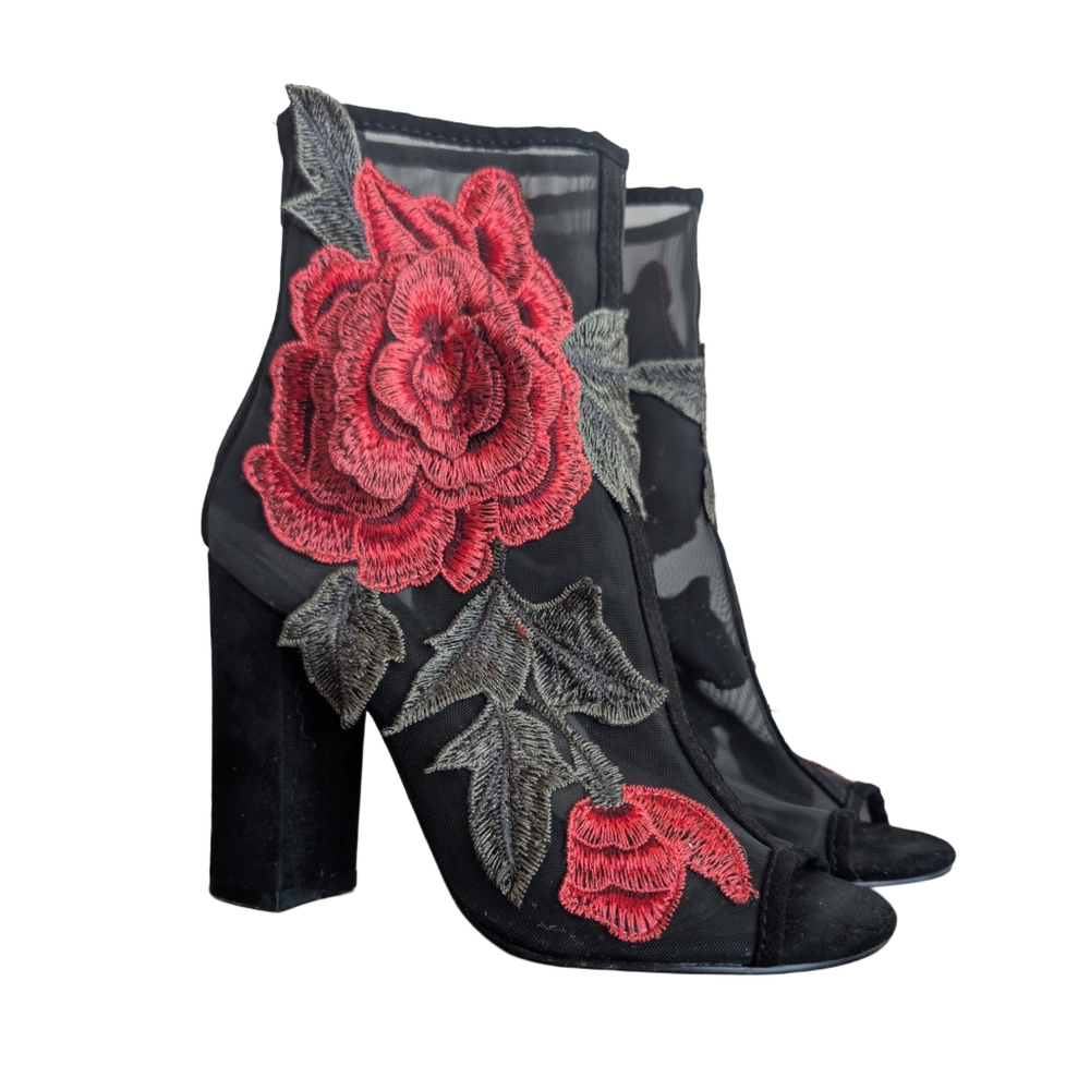 Liliana US 5.5 Women's Black Sheer Mesh Red Floral 3D Embroidery Party Shoes